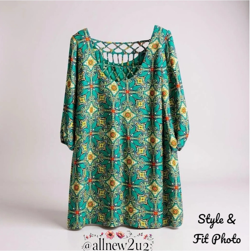 As U Wish Boho Paisley Dress Tunic Green Blue Orange Mid 3/4 Sleeve
